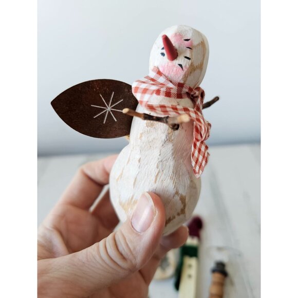Snowman star wooden ornament set country folk art unique Xmas tree - Picture 5 of 10